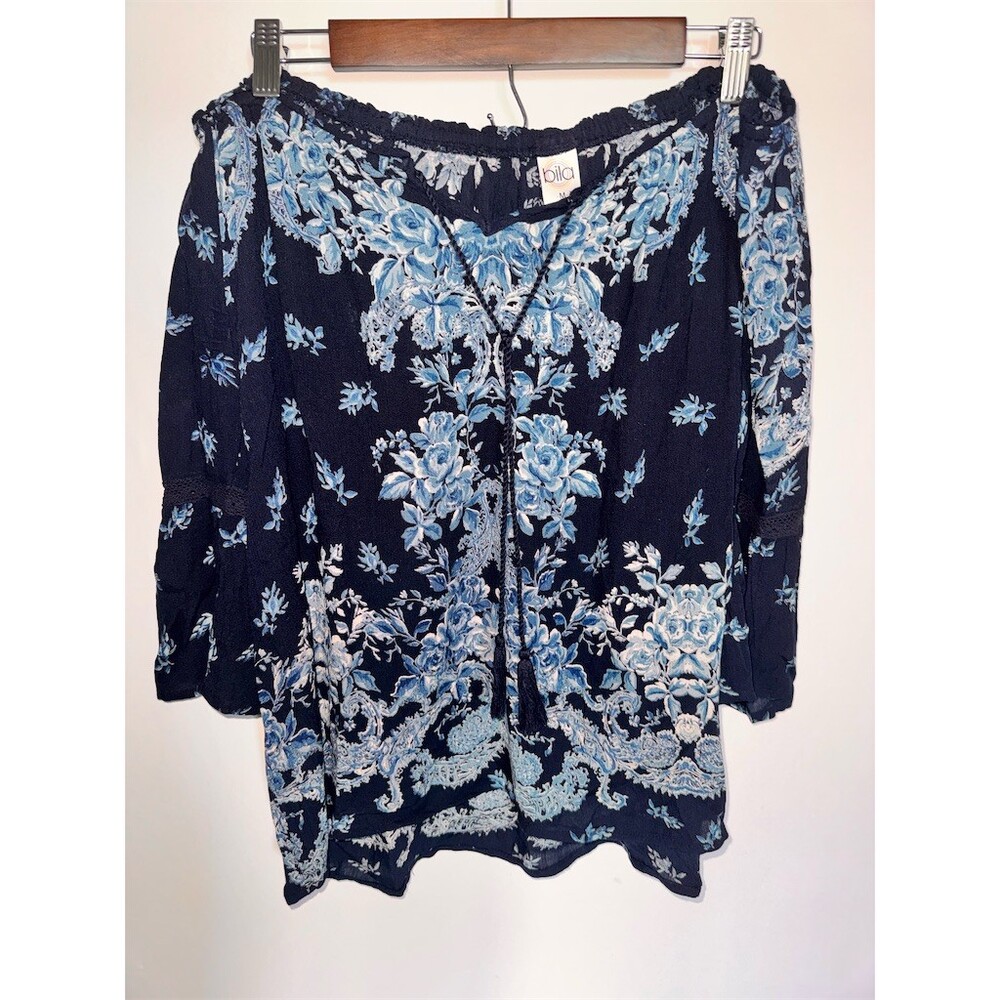 Pila Tunic Top Womens M Navy Blue Floral Boho Peasant Long Sleeve Tassel